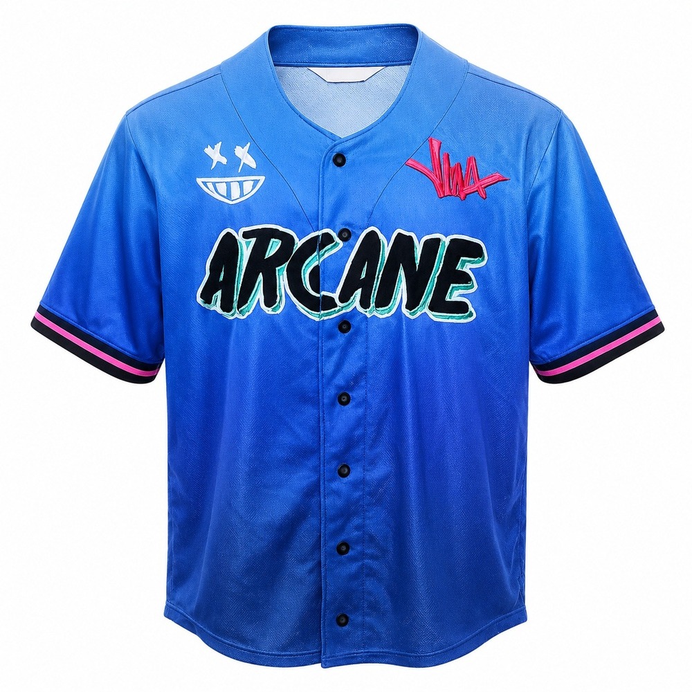 Riot Games Arcane League of Legends Jinx 21 Baseball Jersey Blue Ombre Men's L